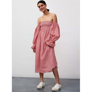 Sleeper Red Gingham Off-Shoulder Midi Dress